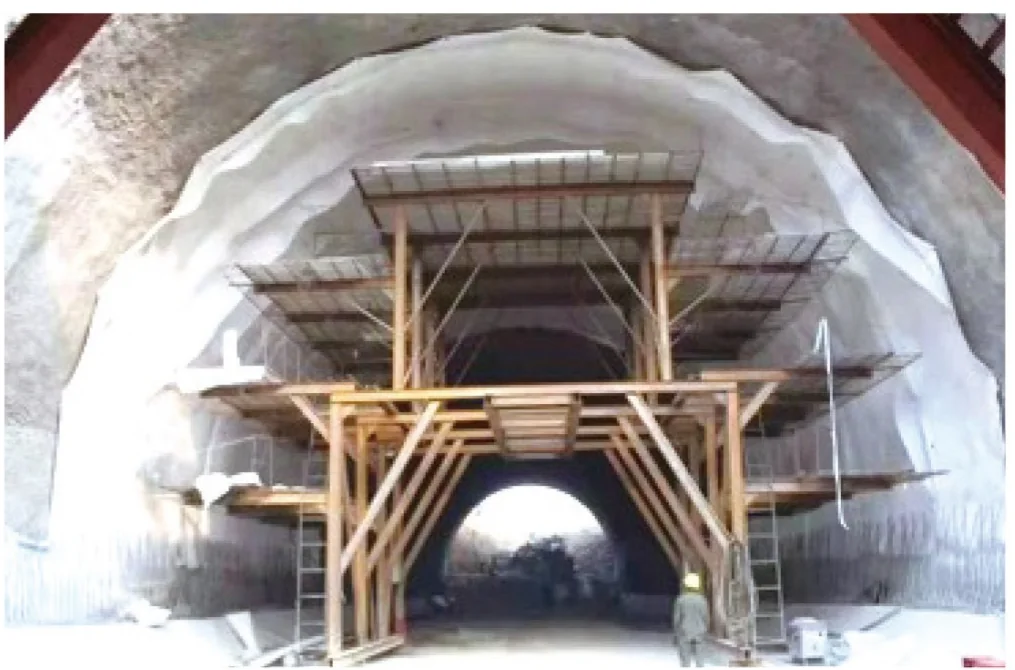 Geosynthetic lining visible inside a tunnel under construction