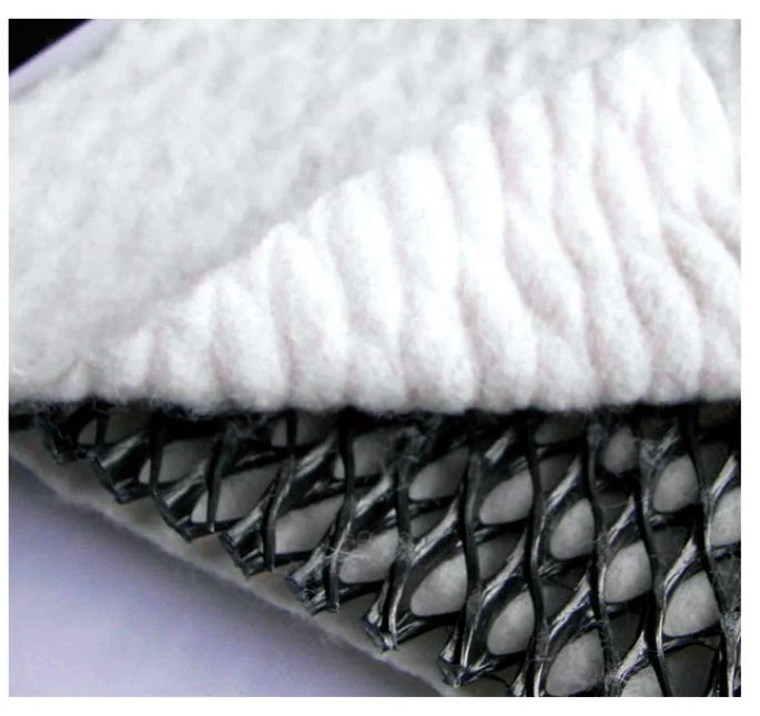 Close view of geotextile bonded to a plastic mesh core