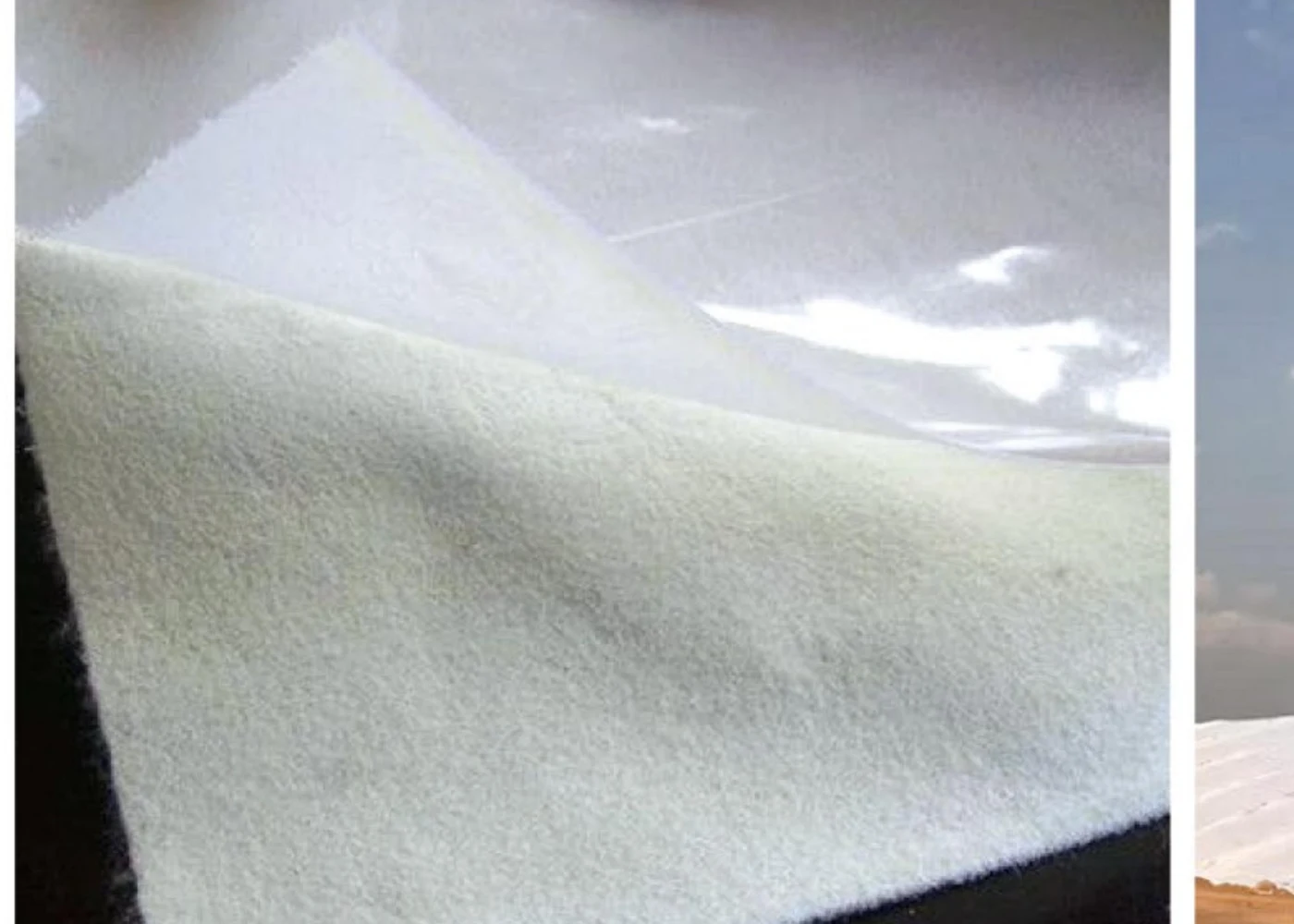 Close view of nonwoven geotextile and geomembrane layers in a composite material