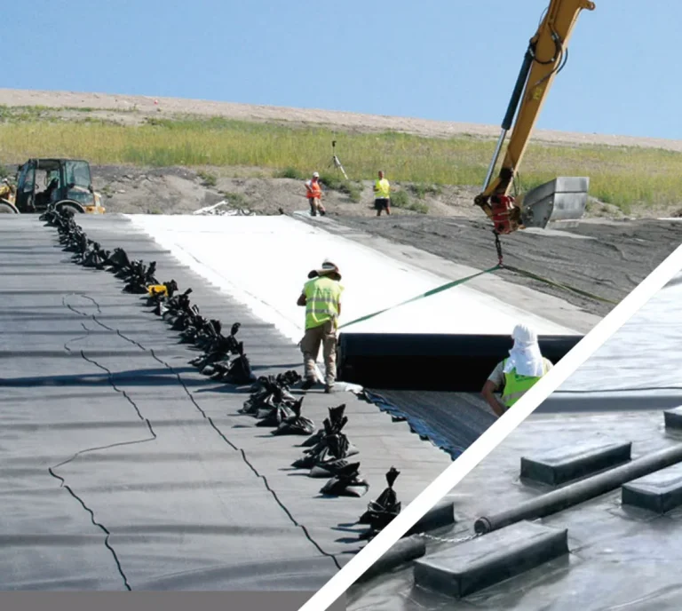 Crane-assisted dark liner placement with workers on prepared ground
