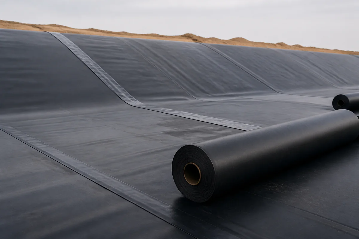 Geomembrane rolls and welded liner seams at a generic containment installation