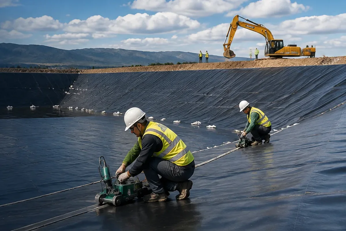 Technicians welding geomembrane liner on a generic prepared slope