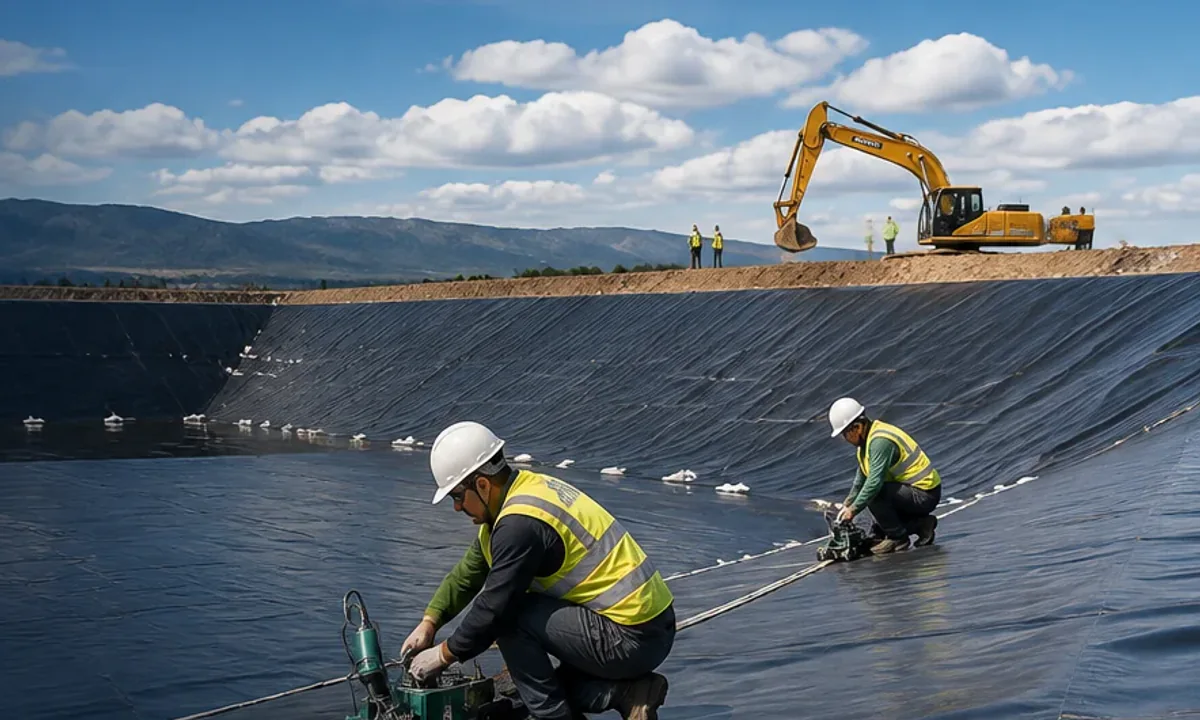 Technicians welding geomembrane liner on a generic prepared slope